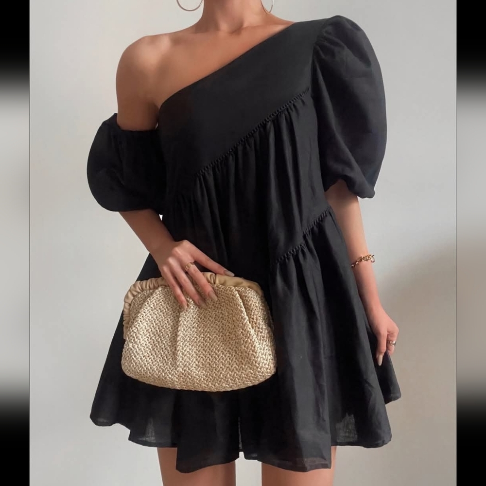 Showpo One-Shoulder Black Puff Sleeve Asymmetrical Mini Dress